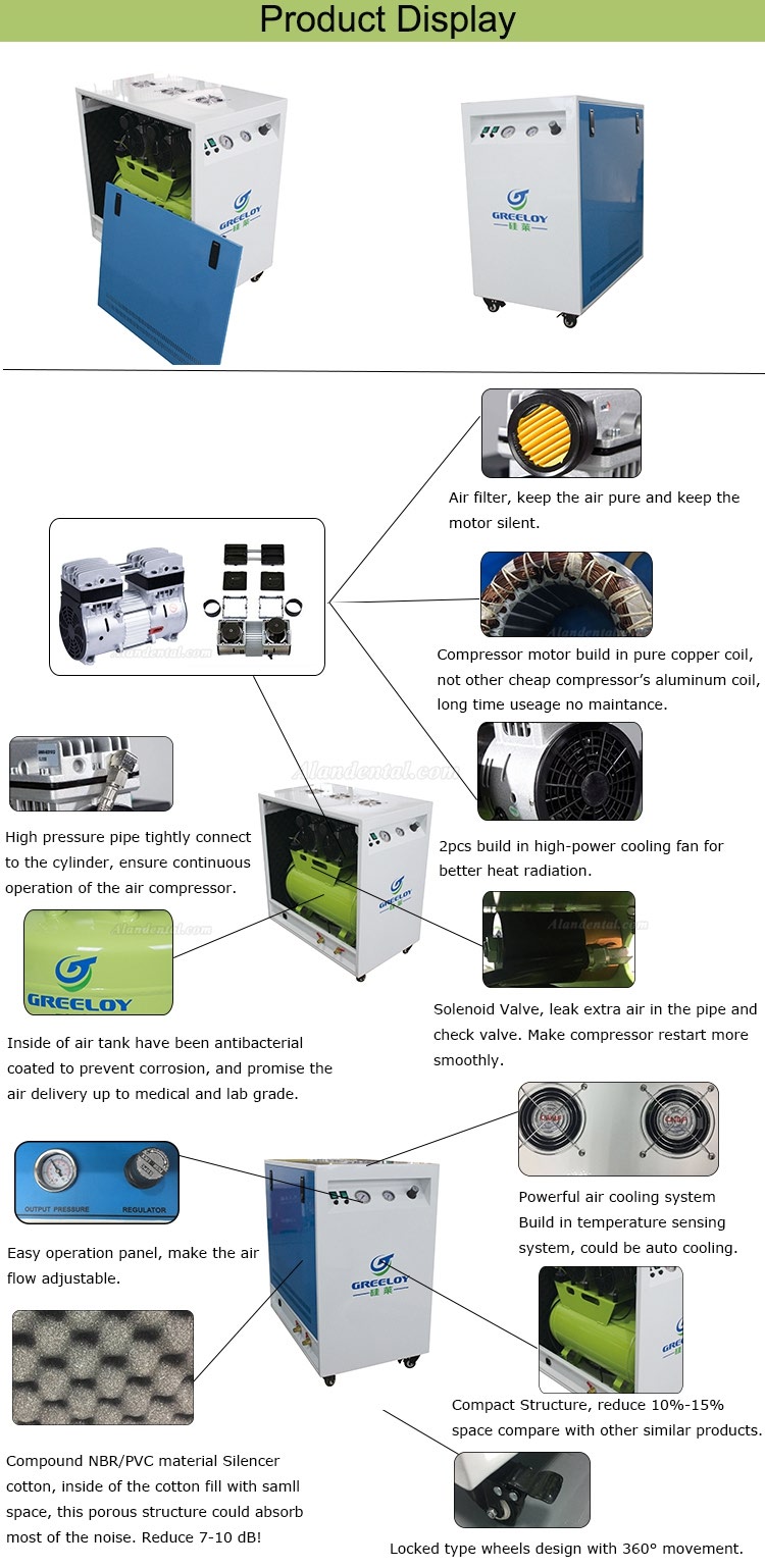 Greeloy® GA-82X Dental Oilless Air Compressor With Silent Cabinet